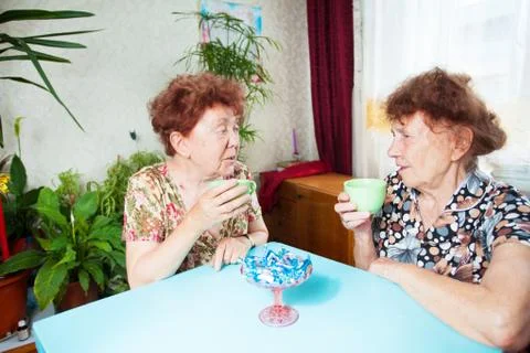 Two seniors drinks tea Stock Photos