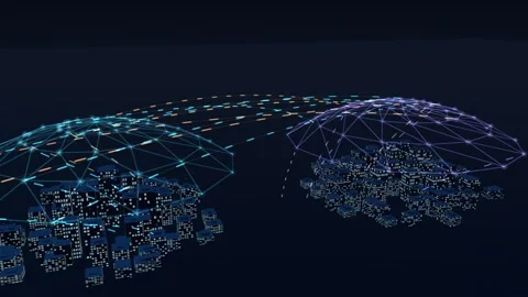 Two sensor domes over neighbouring districts wired together by arcs of data 動画素材 341073345