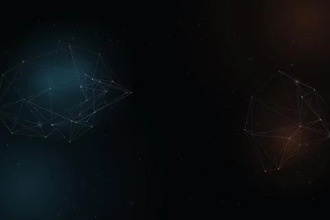Two separate luminous wireframe formations float in a spacious dark field, .. Stock-Illustration