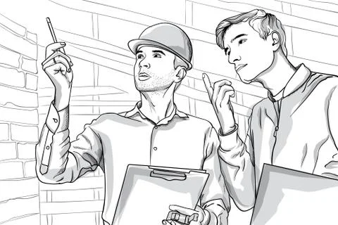 Two serious man on construction site talking. Thoughtful people. Line art Illustrazione stock