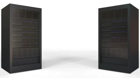 Two server racks against white background, blank space for caption. 3D rendering Stock Illustration