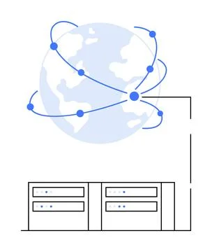 Two server racks connected to a globe with orbiting lines and nodes. Ideal fo 库存插图