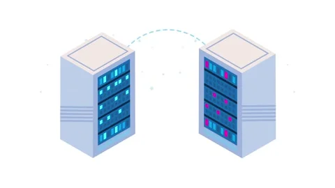 Two server racks exchanging data over network connection computer equipment.. Stock-Footage 334524441