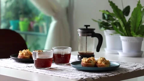 Two Set Of Hot Coffee And Egg Mayo Toasted Bread On A Table At Home. Stock Footage 131416161