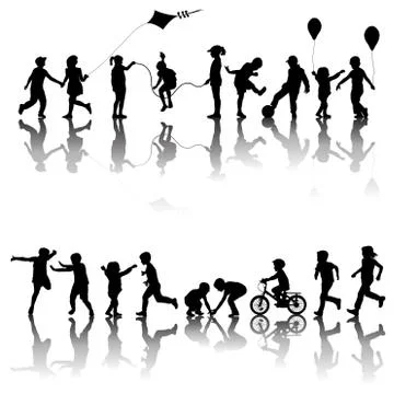 Two sets of children silhouettes playing Stock Illustration