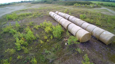 Two sets of rolled haystack in the ground Stock Footage 56533639