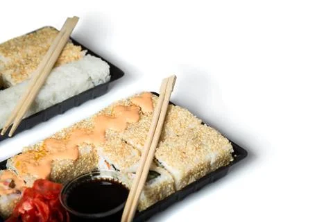 Two sets of sushi to go, packed in plastic boxes Foto stock