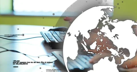 Two sets of typing hands collaborating on technology data launching globe Video stock 330659874