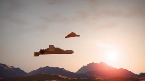 Two Shahed Kamikaze Drone Soaring Over Desert Dunes at Sunset with Mountain.. Stock Footage 331509624