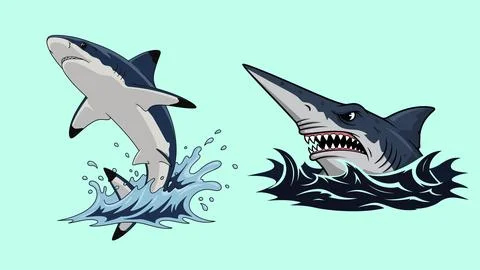 Two sharks in water with different styles and expressions bundle design Stock Illustration