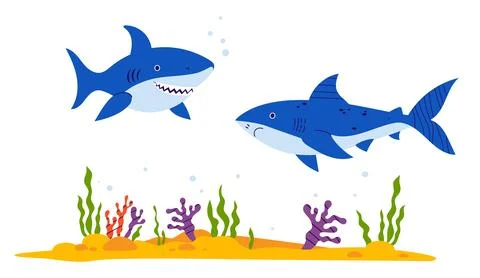 Two Sharks wild animals with algae and coral on sandy seabed. Vector illust.. Illustrazione stock