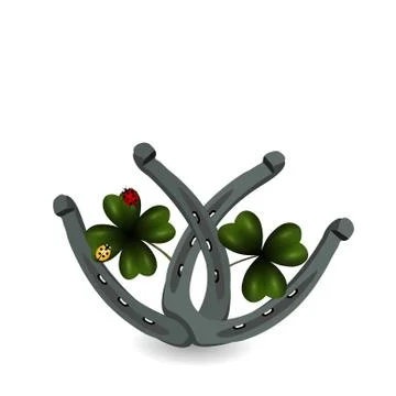 Two sheets of clover and horseshoe. St.Patrick 's Day. Isolated on white ba.. Illustrazione stock