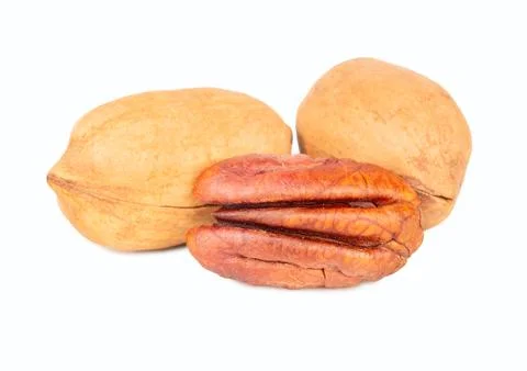 Two shelled nuts with half a pecan isolated on white background Stock Photos