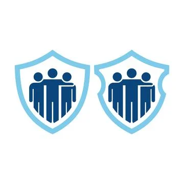 Two shields with three people standing together in blue silhouette vector 스톡 일러스트