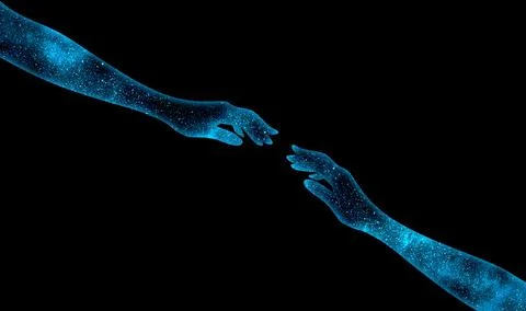 Two shining cosmic blue hands stretched out to each other Stock Illustration