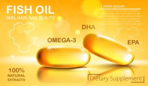 Two shiny capsules with natural extract of fish oil for skin, hair and nail b Stock Illustration