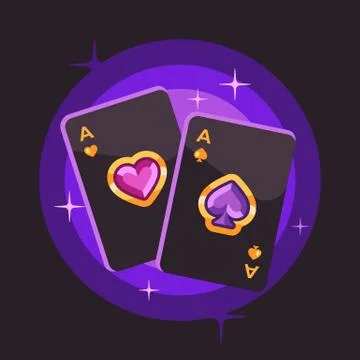 Two shiny playing card aces on purple background. Poker flat illustration Stock Illustration