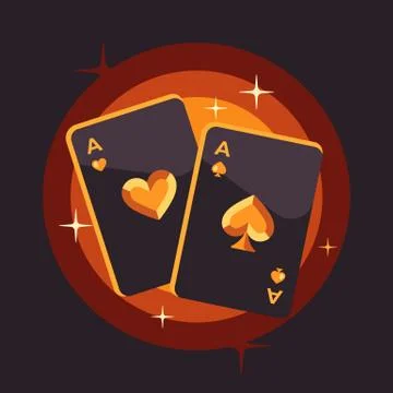 Two shiny playing card aces on gold background. Poker flat illustration Stock Illustration