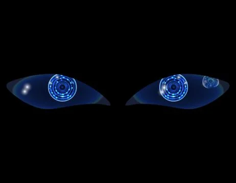 Two shiny technological neon HUD eyes on a black background. illustration Stock Illustration