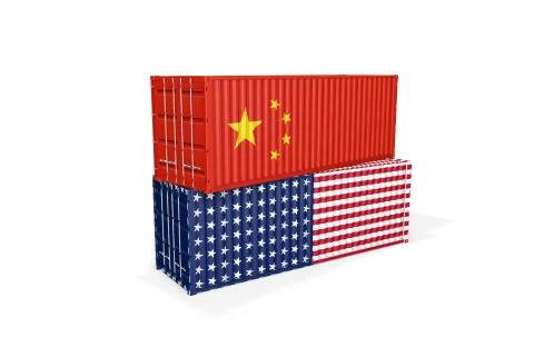 Two shipping containers stacked on top of each other with Chinese and U.S. flags Stock Illustration
