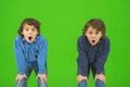 The two shocked twin kids gesture on the green background Photo