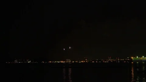 Two shots of fireworks with reflections on the sea, 4K Stock Footage 113376483