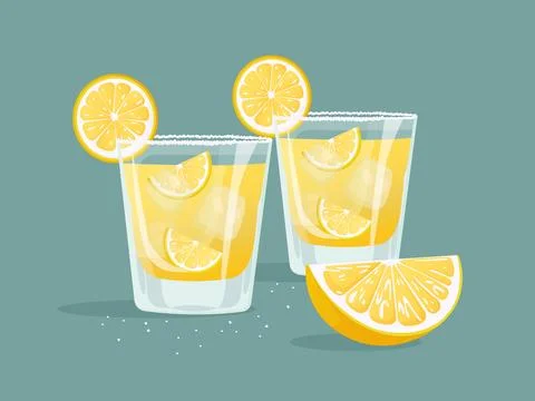 Two shots of tequila with ice and lemon flat vector illustration Illustrazione stock