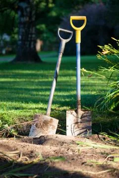 Two shovels in ground Stock Photos