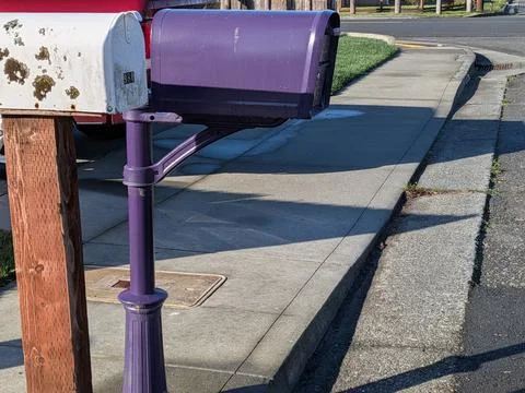 Two side-by-side mailboxes—one deep purple, one white—line a calm curb Stock-Fotos
