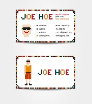 Two sided business card creative concept with pixel art male body and face Stock Illustration