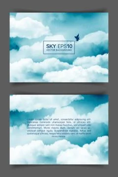 Two-sided horizontal flyer of a4 format with watercolor blue-white sky Stock Illustration