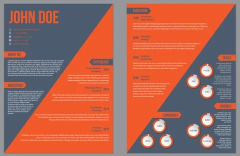 Two sided resume cv template with large orange stripe Illustrazione stock
