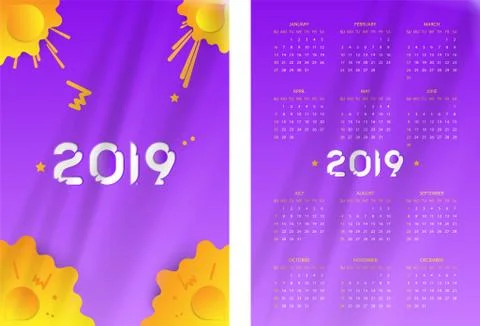 Two-sided Simple Calendar 2019 year. Week starts from Sunday. Flat vector ill Stock Illustration