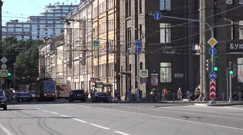 Two-sided tram on temporary route 6A turns left nedar the Finland Railway Stn Stock Footage 67468147