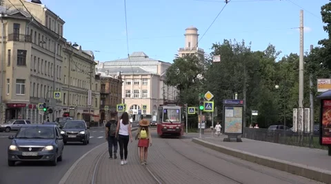 Two-sided tram on temporary route 6A departs from a stop Stock Footage 67468165