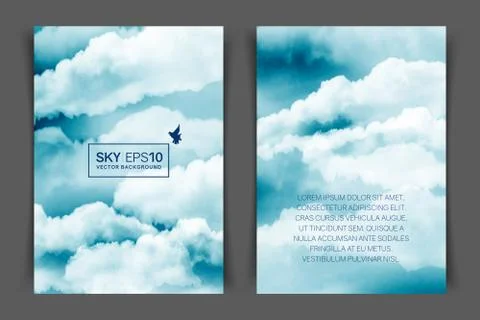 Two-sided vertical flyer of a4 format with watercolor blue-white sky Illustrazione stock