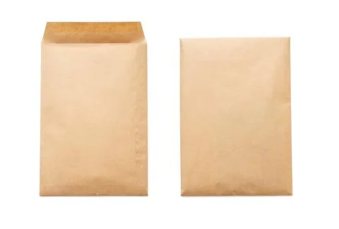 Two sides of brown paper envelope A4 size, top view, isolated on white Stock Photos