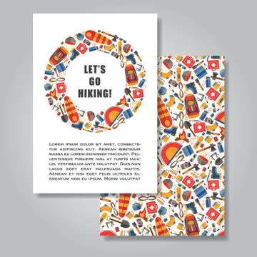 Two sides invitation card design with hiking and camping equipme Stock Illustration
