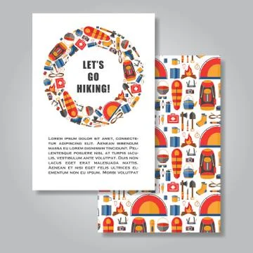Two sides invitation card design with hiking and camping equipme Stock Illustration