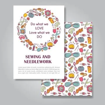 Two sides invitation card design with sewing and needlework illu Stock Illustration