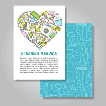 Two sides invitation card design with cleaning equipment illustr Stock Illustration