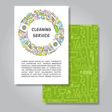 Two sides invitation card design with cleaning equipment illustr Stock Illustration