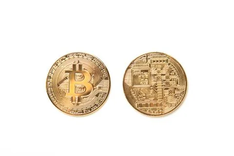 Two sides of one bitcoin close-up with BIT symbol isolated on white backgroun Stock Photos