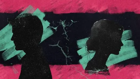 Two Silhouette Profiles Facing Away Between Coral Paint Bands Stock Illustration