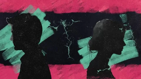 Two Silhouette Profiles Split by Teal Lightning Cracks Stock Footage 346783130