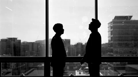 Two Silhouetted Businessmen Facing Each Other by Window 스톡 동영상 338047479