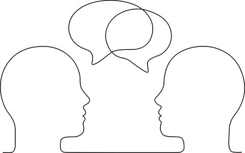 Two silhouetted heads facing each other with speech bubbles above them. Vecto Illustrazione stock