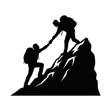Two silhouetted hikers assisting each other to climb a steep and rocky moun.. Stock Illustration