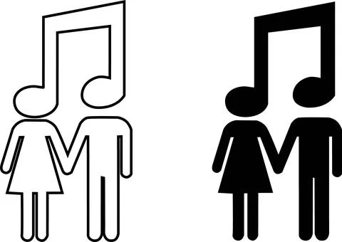 Two silhouettes of couples holding hands with musical notes Stock Illustration