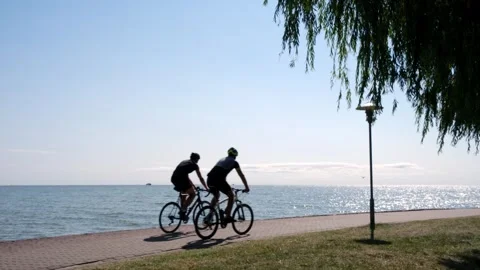 Two silhouettes of cyclists on a cycle path along the seafront Stock Footage 281941662